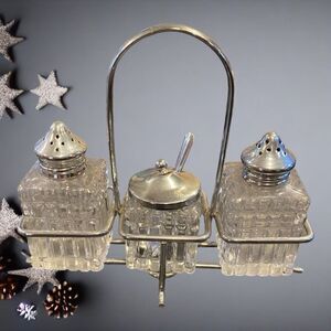 Vintage Condiment Caddy - Salt Pepper Mustard Pot Spoon